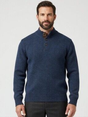 Chaps Men's Navy Button-Up Neck Cotton Sweater (SIZE :XL)